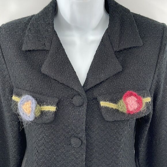 Monkey Wear vintage VTG tweed blazer suit coat jacket crochet flower black - Picture 3 of 12